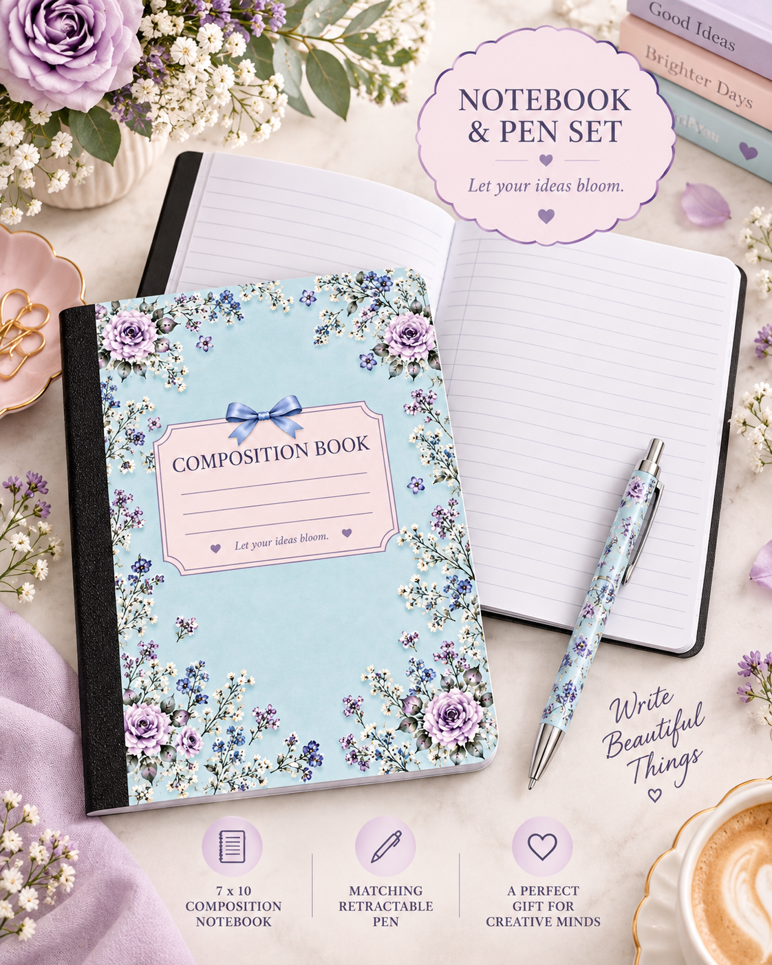 Floral Composition Notebook & Matching Pen Set